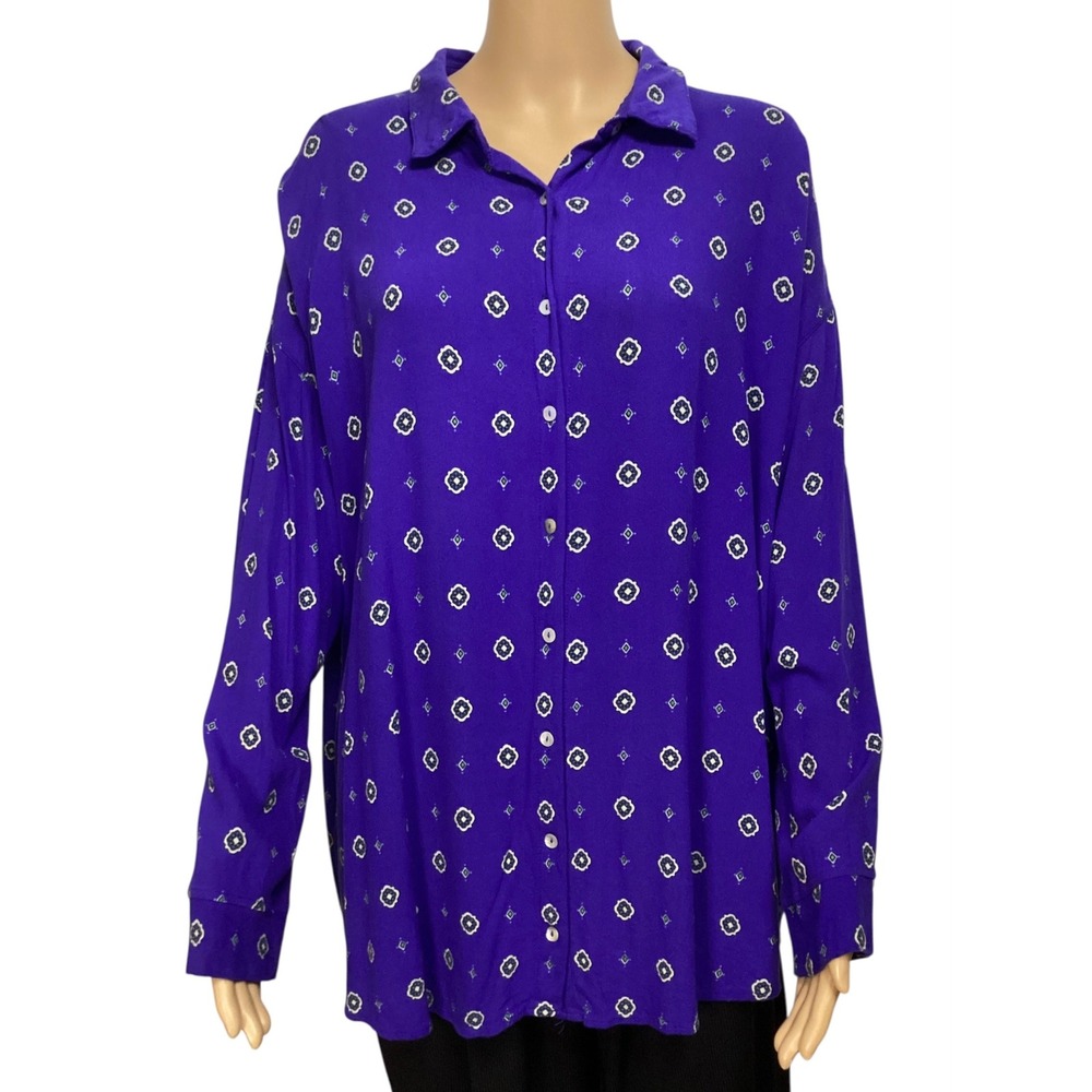 Free People Purple Geometric Medallion Print Rayon Button Up Blouse Size M